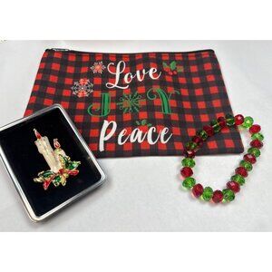 Christmas-Themed Love & Peace Zippered Pouch Glass Bead Bracelet & Candle Brooch